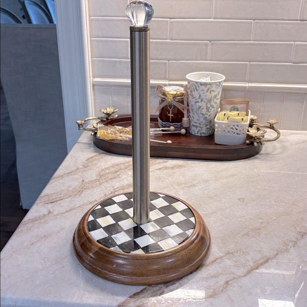 Checkered Paper Towel Holder with Brass Accents